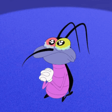 a cartoon bug with the number 8 on its eyes is standing on a blue surface