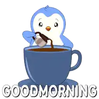 a penguin is pouring coffee into a blue cup with the words good morning written on the bottom