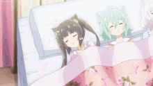 three anime girls are sleeping on a bed with a floral blanket and a clock on the nightstand