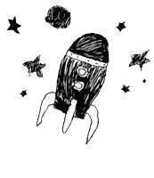 a black and white drawing of a rocket and stars