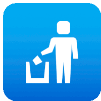 a blue icon with a white silhouette of a person throwing trash into a trash can