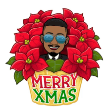 a cartoon of a man surrounded by poinsettia flowers with merry xmas written on the bottom