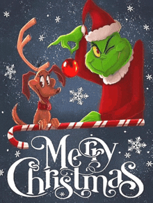 a grinch and a dog are on a candy cane with the words merry christmas