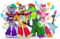 a group of five nights at freddy 's characters are standing together