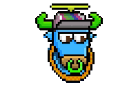 a pixel art drawing of a blue monster with horns and glasses