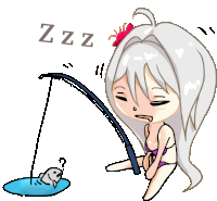 a cartoon drawing of a girl fishing with the word zzz above her