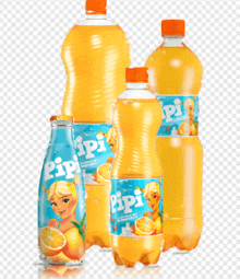 three bottles of pipi orange juice are lined up on a table