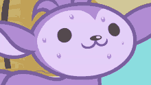 a close up of a purple cartoon character with a smiley face