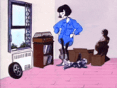 a woman in a blue shirt is standing in a room surrounded by boxes