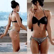 two pictures of a woman in a bikini standing next to a window