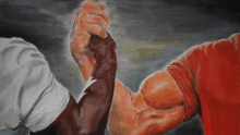 a painting of two men arm wrestling with one wearing a white shirt and one wearing a red shirt