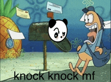 a cartoon of a panda and a mailman with the words knock knock mf