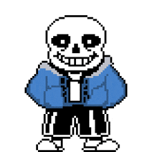 a pixel art drawing of a skeleton wearing a blue jacket