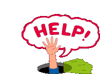 a cartoon of a hand reaching out of a hole with a speech bubble saying help