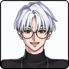 a man with white hair and glasses is wearing a black turtleneck and a necklace .
