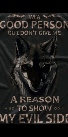 a poster with a wolf and the words im a good person but don t give me a reason to show my evil side on it