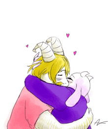 a drawing of a man and a goat hugging each other