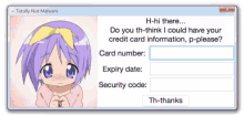 a totally not malware screen with a purple haired girl