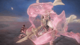 a painting of a pink jellyfish with a blue sky behind it