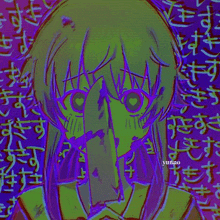 a green and purple drawing of a girl with a heart in her eye