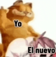 garfield is sitting next to a girl with a butterfly on her back and says yo el nuevo .