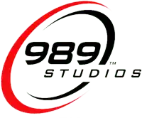 the logo for 989 studios has a red and black circle