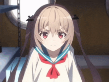 a girl with brown hair and red eyes is wearing a blue and white sailor uniform