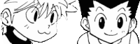 a black and white drawing of two anime characters , one of which is a boy .