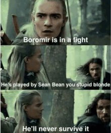 boromir is in a fight he 's played by sean bean you stupid blonde and he 'll never survive it