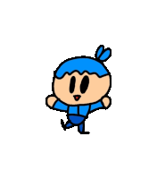 a cartoon character with a blue headband and blue pants is walking .