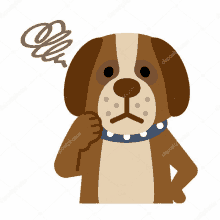 a brown and white dog with a blue collar has a swirl above its head