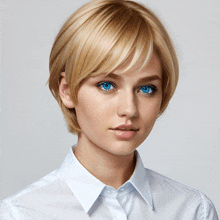 a woman with short blonde hair and blue eyes looks at the camera