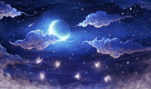 a painting of a night sky with a full moon and clouds