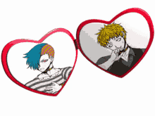 a couple of heart shaped mirrors with pictures of anime characters on them