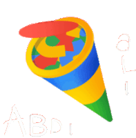 a colorful party cone with the letters a b and d written below it