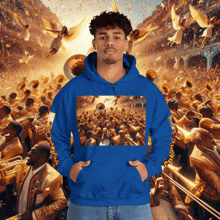 a man is wearing a blue hoodie with a picture of a marching band on it