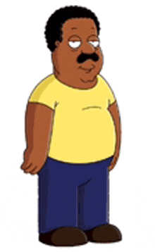 a cartoon man with a mustache is standing in a yellow shirt and blue pants .