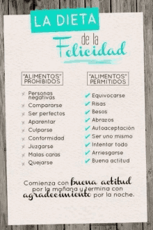 a poster that says la dieta de la felicidad in spanish is on a wooden table .