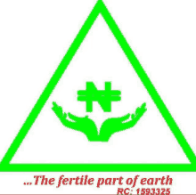 a green triangle with two hands holding a cross and the words `` the fertile part of earth '' written below it .