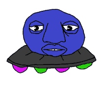 a drawing of a blue ball with a face and wheels