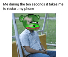 a meme of a man sitting on a swing with a frog head