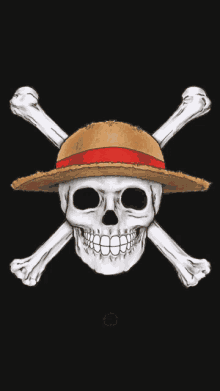 a drawing of a skull with a straw hat and crossbones