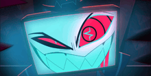 a cartoon character with a red eye and a letter v on it