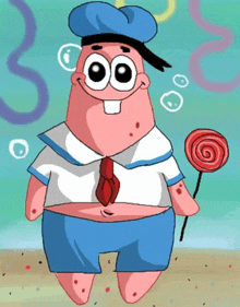 a cartoon drawing of patrick star from spongebob squarepants holding a lollipop