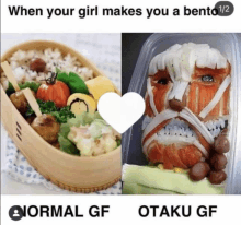 a picture of a bento box and a picture of a bento box with a face made out of food