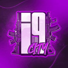 a purple and white logo for 19 city with guns