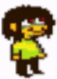 a pixel art drawing of a cartoon character with a yellow shirt .