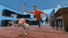 a cartoon baby is crawling on the floor while a man holds a fork .