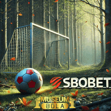 a soccer ball is in front of a goal with a sbobet logo on the bottom