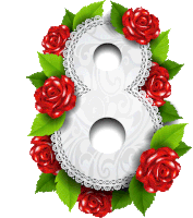 a white number 8 with red roses and green leaves around it